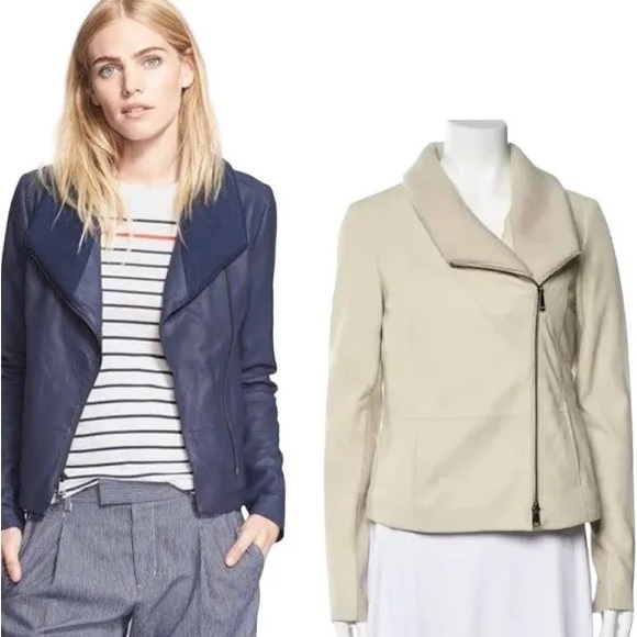 Vince 100% Goat Leather Ribbed Collar Asymmetrical Moto Biker Jacket - Picture 2 of 16